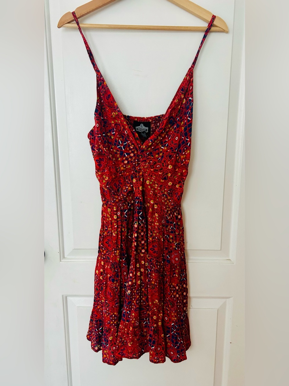 Angie Red Printed Spaghetti-Strap Midi Dress